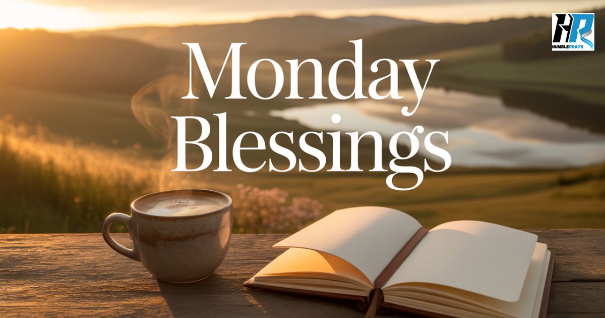 Peaceful Monday morning sunrise with coffee and notebook symbolizing gratitude and Monday blessings.