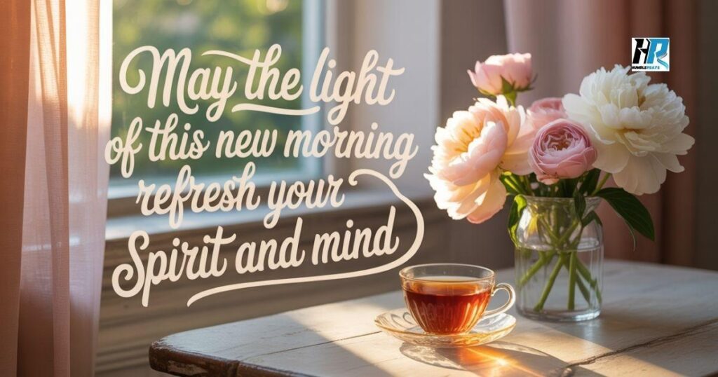 Beautiful Good Morning Blessings image with morning sunlight, tea, flowers, and inspiring quote