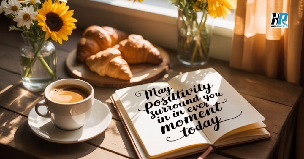 Positive Good Morning Blessings image with sunlight, flowers, and inspiring quote