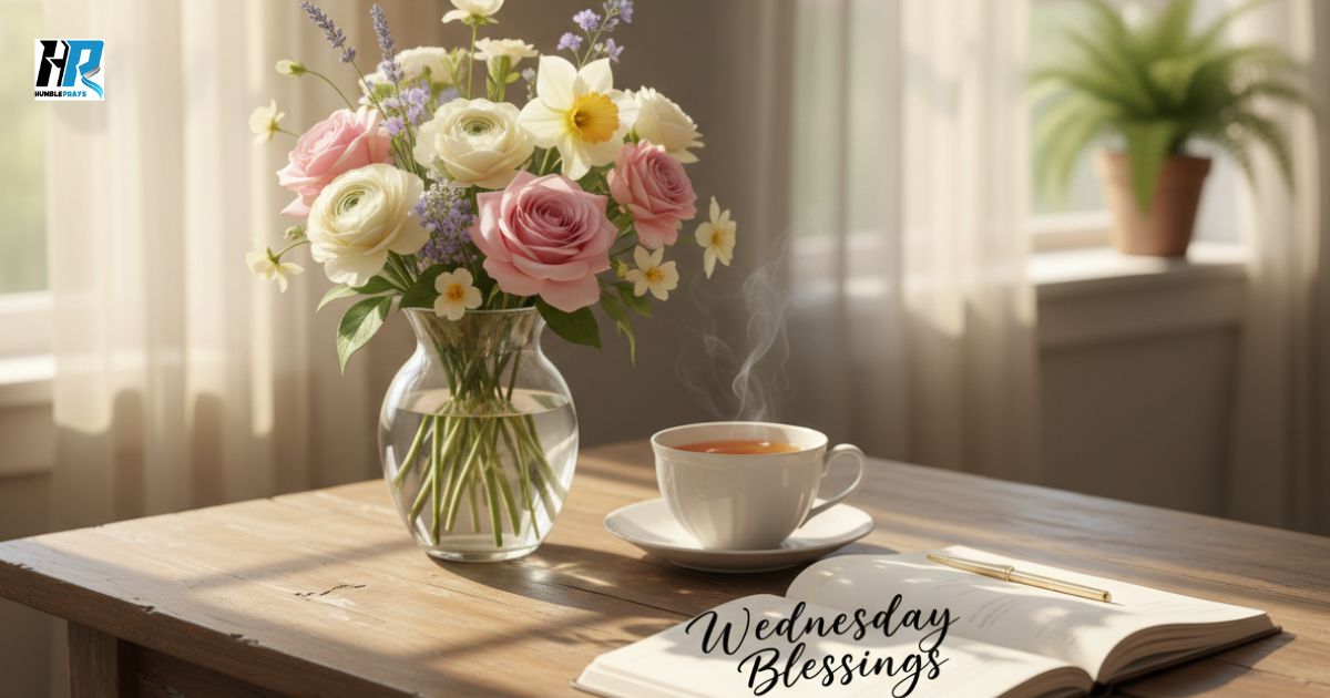 Wednesday blessings image with peaceful morning light, flowers, and inspiring midweek atmosphere