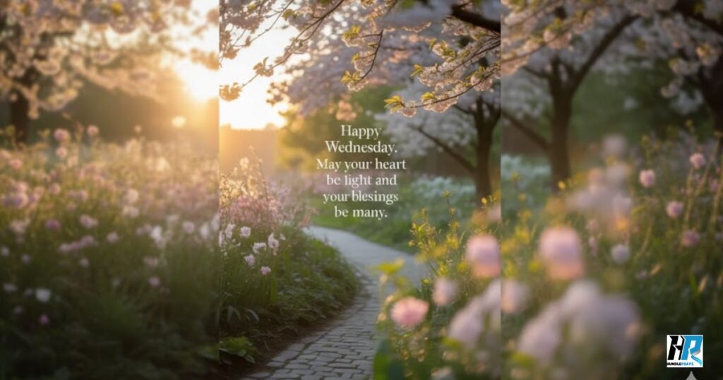 Wednesday blessings image for Instagram with uplifting quote: “Happy Wednesday. May your heart be light and your blessings be many”