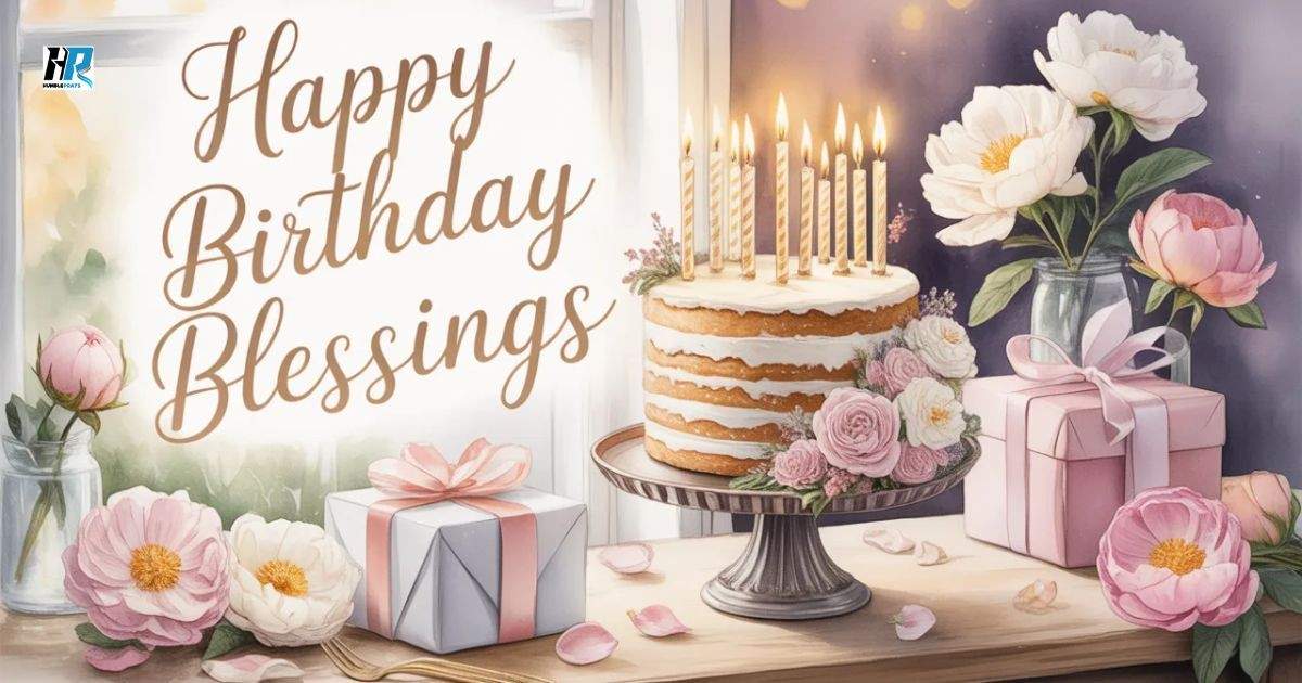 Happy birthday blessings image with cake, candles, and warm celebratory design expressing love and heartfelt wishes