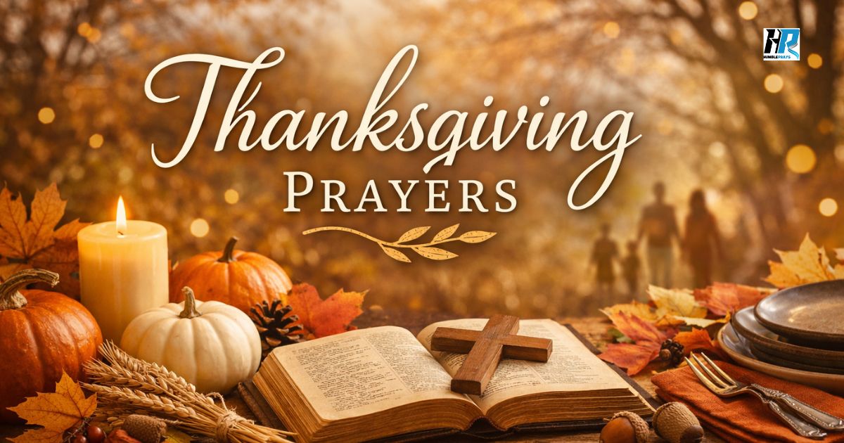 Thanksgiving Prayers featured image with Bible, cross, candles, and autumn family gathering